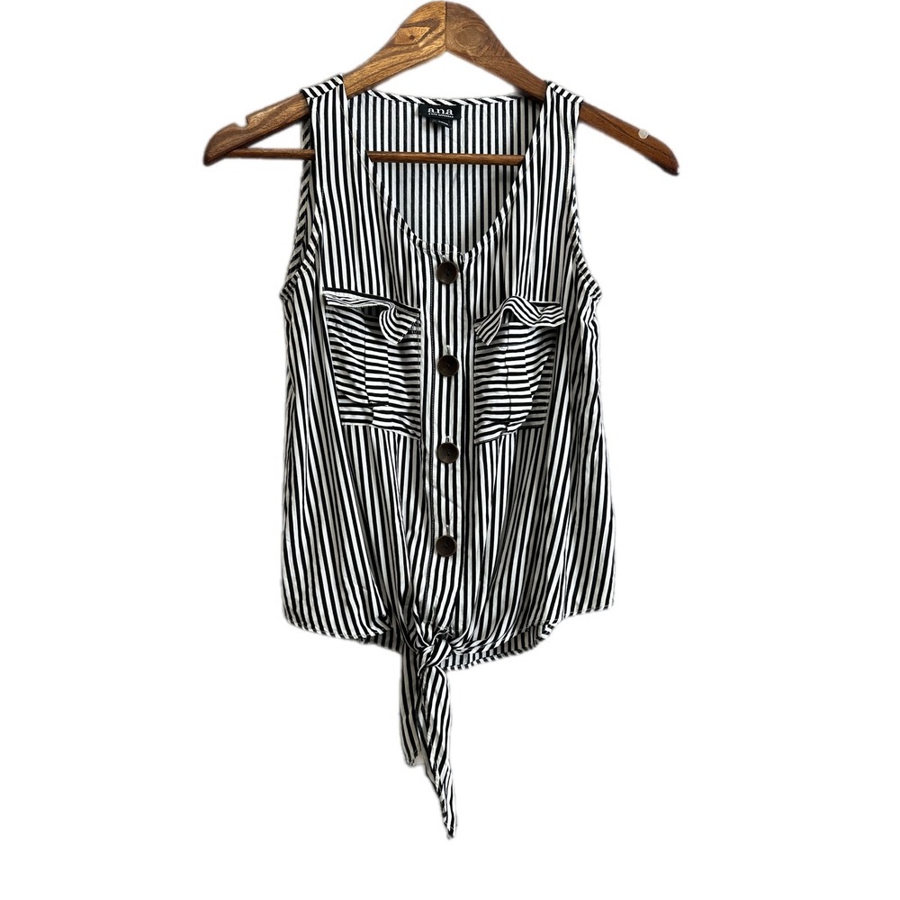 ana a new approach womens black white striped sleeveless‎ tie front shirt xs